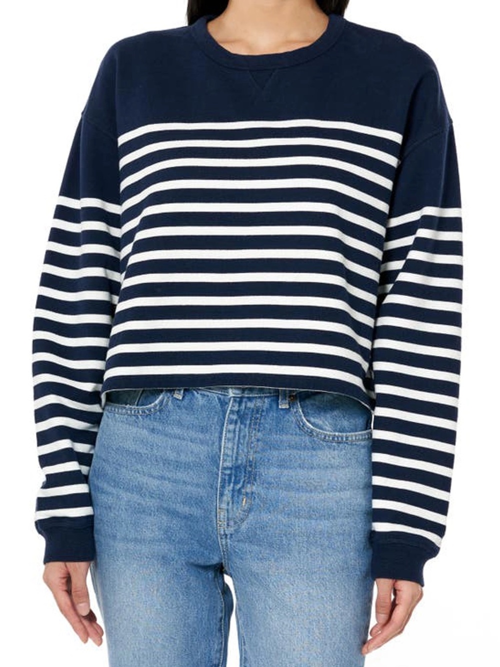 La Ligne‎ Stripe Cotton Crop Sweatshirt In Navy Ivory Long Sleeve